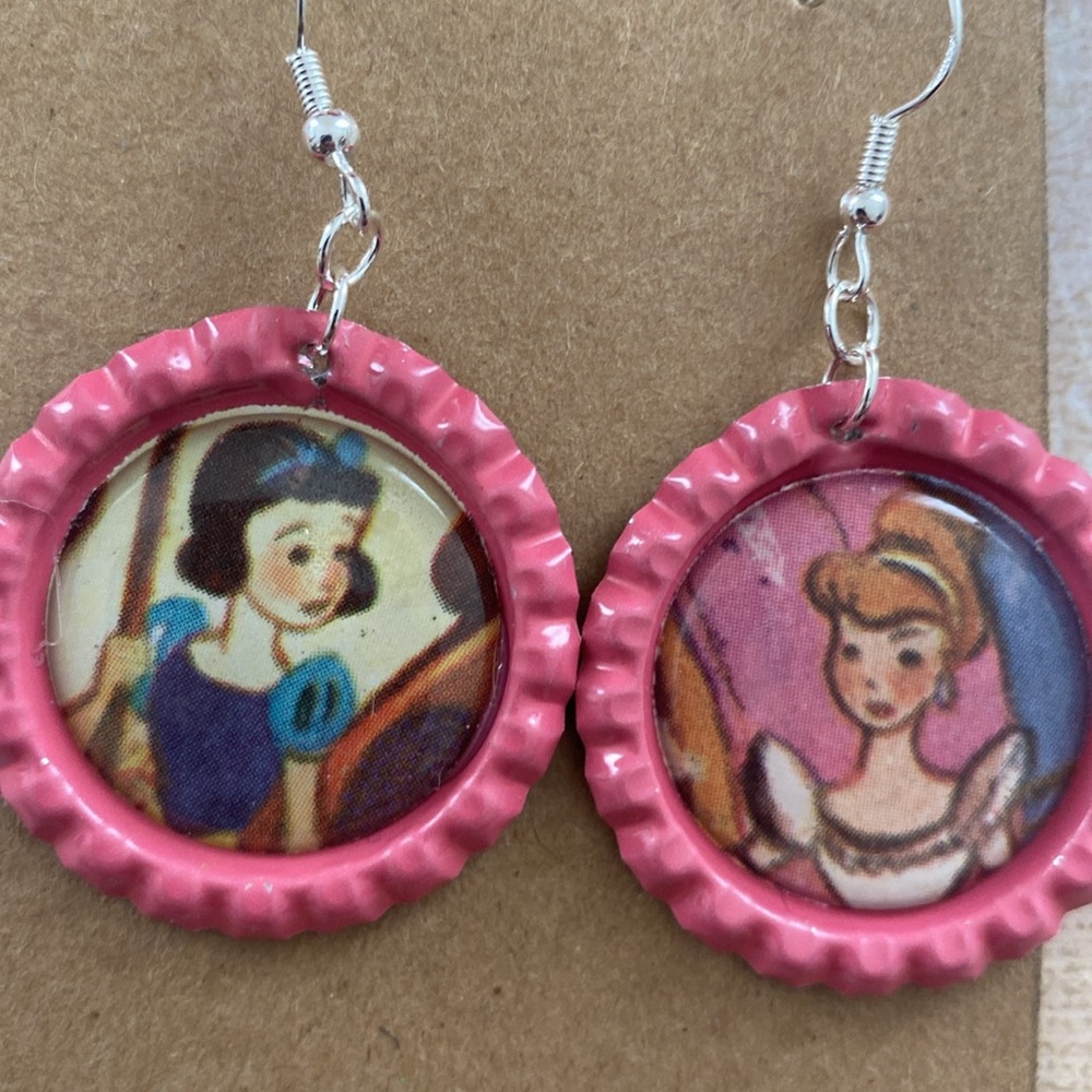 2/$20 Cinderella and Snow White handcrafted bottle Cap Earrings.